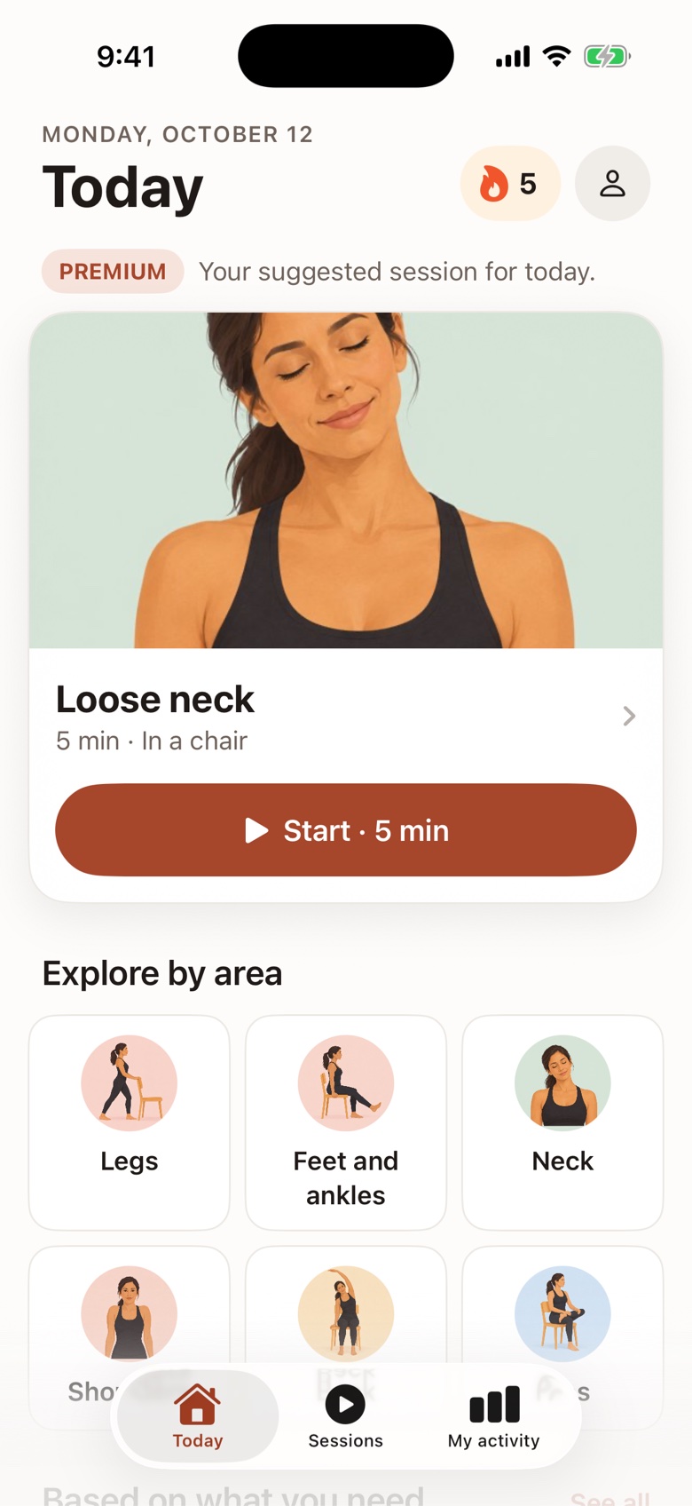 Untense Today screen: the day's session, the streak and the areas to explore